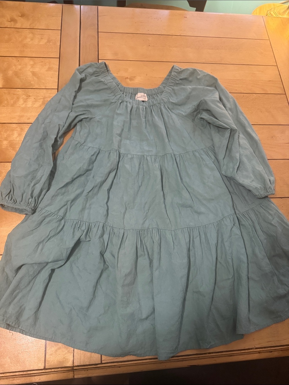 Womens Light Teal Tiered Long-Sleeve Dress — Soft Gathered Neckline